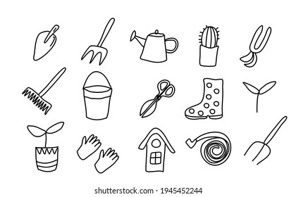 a large set of doodle icons of garden tools drawn by hand. Bucket, seedling, rake, shovel, garden hose, birdhouse, watering can, pitchfork, Rake