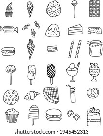 a large set of doodle icons of sweets drawn by hand. Ice cream, cake, doughnut, cookie, croissant
