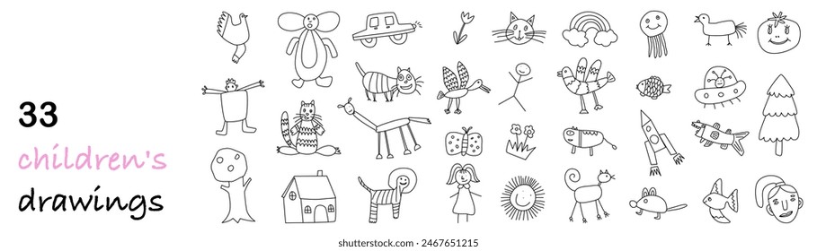 Large set of doodle illustrations. Kids drawing concept. Design for childish products and kindergartens. International Children's Day. Vector illustration isolated on transparent background.