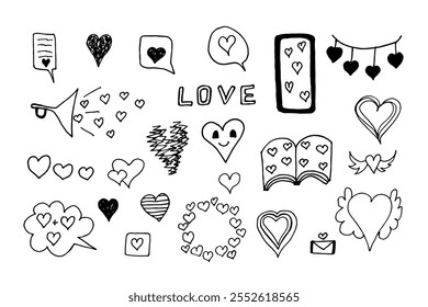 Large set of doodle illustrations for Valentine's Day. Various hearts, garlands, kisses for decorating postcards and posters for Valentine's Day. Hand-drawn black and white drawings.