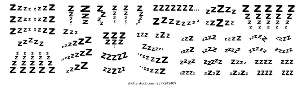 Large set of doodle lettering zzz's. Illustration of sniffing, sleeping, snoring. Vector illustration drawn by hand. Black letters on white background.