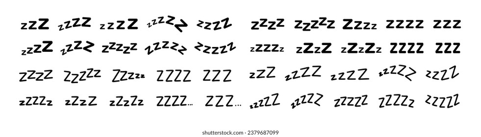 Large set of doodle lettering zzz's. Illustration of sniffing, sleeping, snoring. Vector illustration drawn by hand. Black letters on white background.