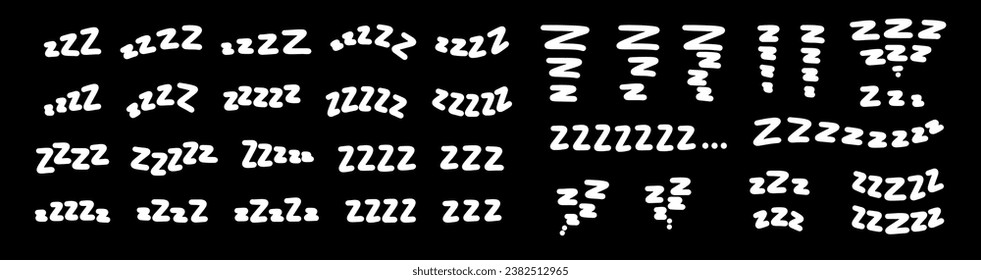 Large set of doodle lettering zzz's. Illustration of sniffing, sleeping, snoring. Vector illustration drawn by hand. White letters on a black background.