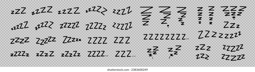 Large set of doodle lettering zzz's. Illustration of sniffing, sleeping, snoring. Vector illustration drawn by hand. Black letters on grey background