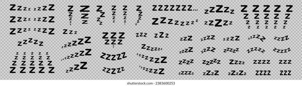 Große Menge doodle Buchstaben zzz's. Illustration von Schniffen, Schlafen, Schnarchen. Vektorgrafik von Hand gezeichnet. Schwarze Buchstaben auf grauem Hintergrund