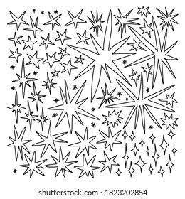 A large set of doodle stars in different sizes and different shapes. The outline of the shining stars. Vector stock illustration isolated on white background.