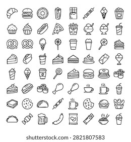 Large set of doodle style fast food and snack vector icons with restaurant icecream sandwich chocolate beverage illustration collection handdrawn