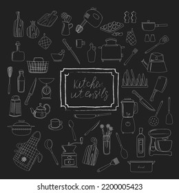 A large set of doodle style kitchen utensils on the board. Vector illustration isolated on a black background. Cups, kettles, pots, bottles. Chopping boards, etc.