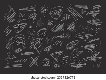 Large set doodle text highlight elements with imitation pen, marker, pencil. Collection of hand drawn scribble chaotic direction line shapes. White vector line illustration on black background.