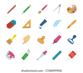 Large set of drawing and art icons with paint, brushes, pens, pencils, ruler, set square and compass in colored vector line drawings or sketches for design elements