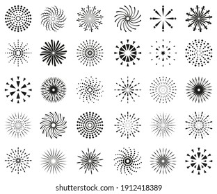 large set of drawn abstract sun rays and fireworks on a white background. flat vector illustration isolated on white background