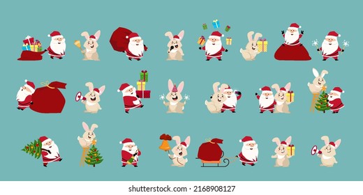 A large set of drawn vector icons of funny Santa Claus and cute rabbits with Christmas items. Vector festive illustration of animals and people in different situations with a Christmas tree, gifts