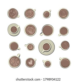 Large set of drinks cups of coffee and tea. Mugs of aromatic cappuccino and americano with milk, drawings, scribble foam. Hand drawn cartoon style flat drinks. Top view.