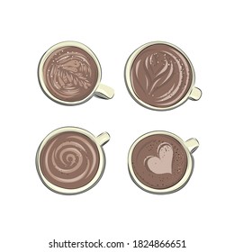 Large set of drinks cups of coffee and tea. Mugs of aromatic cappuccino and americano with milk, drawings, scribble foam. Hand drawn cartoon style flat drinks. Top view.