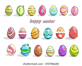 A large set of Easter decorated eggs. Vector illustration in cartoon style.