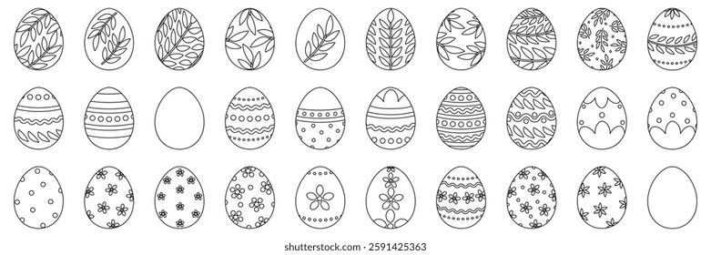 Large set of Easter egg silhouettes, coloring, lines. Set of Easter eggs with ornament. Black linear Easter icon isolated on white background.