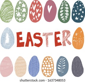 Large set of Easter eggs. Many different textures. Handmade work. Vector graphics. Ideal for making postcards, frames, and diaries.