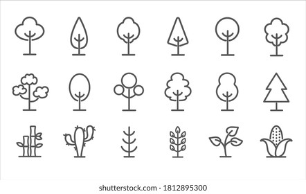 Large set of eighteen line drawn black and white tree and plant icons for design elements, vector illustration