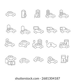 Grande conjunto de iconos de arte de líneas de baterías y coches eléctricos.