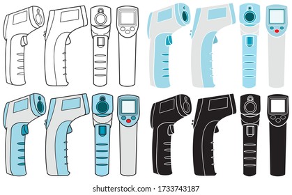 Un gran conjunto de mediciones de temperatura corporal digital por infrarrojo electrónico no contacto del termómetro desde Fahrenheit a Celsius. Termómetro de uso doméstico portátil para adultos y bebés. Ilustración del vector