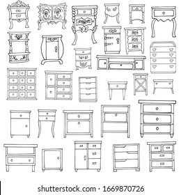  Amplio conjunto de elegantes muebles antiguos y modernos. Estilo de esbozo. Aislado sobre un fondo blanco. Colección vectorial de vestidores retro-vintage y modernos y mesitas de noche para casa, dormitorio.