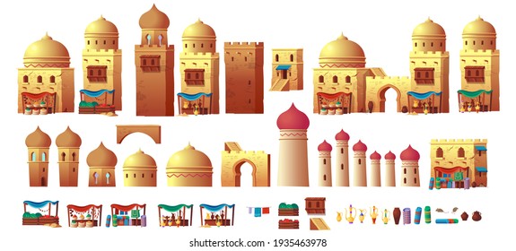 A Large Set Of Elements For Ancient Arab City With Houses And The Arab Market. Vector Illustration In Cartoon Style.