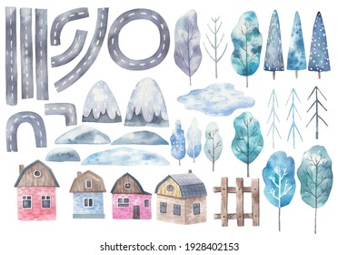 large set with elements of the city, roads, houses, trees, mountains, childrens illustration in watercolor