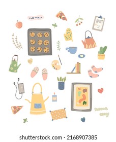 A large set of elements of home comfort and decor. Vector icons of household utensils details.


