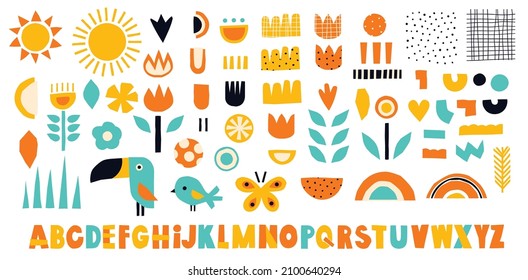 A large set of elements in the modern style of cut paper. Cute spring flowers and birds. Vector template