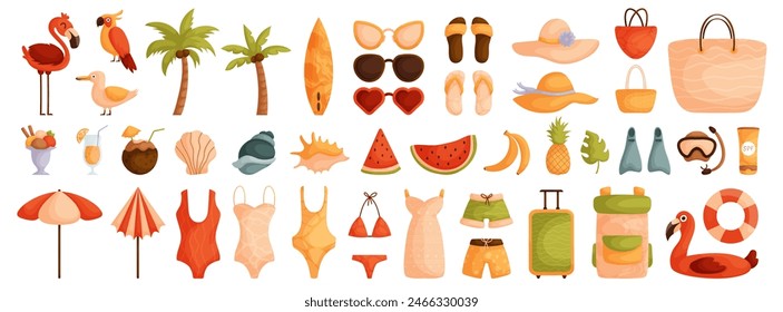 Large set of elements on the theme of summer, travel and vacation. Flat cartoon. Swimsuits, shells and summer drinks. Hats, sunglasses and bags for the beach.