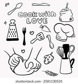 A large set of elements for preparing food for cooking: a chef's hat, a bag of flour, scales, a fork, hands with dough, a set of cutlery, a grater, an apron, the inscription Bon Appetit