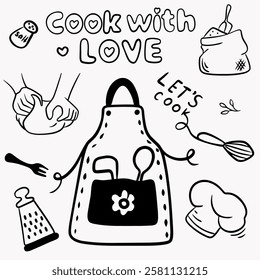 A large set of elements for preparing food for cooking: a chef's hat, a bag of flour, scales, a fork, hands with dough, a set of cutlery, a grater, an apron, the inscription cook with love