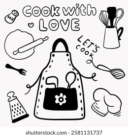 A large set of elements for preparing food for cooking: a chef's hat, a bag of flour, scales, a fork, hands with dough, a set of cutlery, a grater, the inscription cook with love