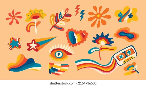 A large set of elements of the retro groove of the 70s, cute stickers in the style of funky hippies. Cartoon flowers, mushrooms, hearts, cherries, sun, good vibes, hippie collection.