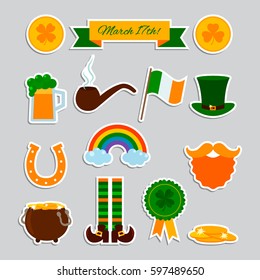 A large set of elements for St. Patrick's Day. stickers, patches in a flat style isolated on a light background