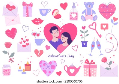 Large set of elements for Valentine's Day. Couple in love,  gift,  heart,  key,  rose and other decorative items.  Vector illustration.