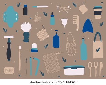 A large set of elements of zero waste. Zero waste items for kitchen, bathroom, grocery shopping. String bag, reusable bags for fruits. The concept of nature conservation. Vector illustration