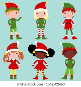 Large set with elves - helpers of Santa Claus. Children dressed as Christmas elves.