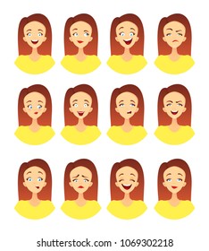 A large set of emotional icons. The face of a young woman in a cartoon style, avatars with a rounded ending. Vector Illustration.