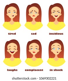 A large set of emotional icons. The face of a young woman in a cartoon style, avatars with a rounded ending. Text labels for each icon. Vector Illustration.