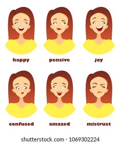 A large set of emotional icons. The face of a young woman in a cartoon style, avatars with a rounded ending. Text labels for each icon. Vector Illustration.