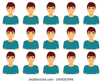 A large set of emotions. Portraits of a young man. Angry, happy, confused, wink, sad. Flat style on white background. Cartoon.