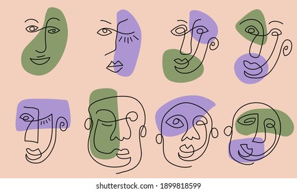 Un gran conjunto de arte facial. Caras surrealistas con parches de color verde y morado. Ilustración minimalista, arte de moda. Ilustraciones de vectores dibujadas a mano.