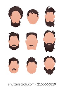 Large Set of Faces of men with different hairstyles. Isolated.