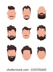 Large Set of Faces of men with different hairstyles. Isolated. Vector.