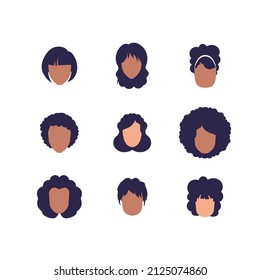 Large Set of Faces Women with different hairstyles and different nationalities. Isolated on white background. Flat style.