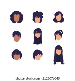 Gran grupo de caras Mujeres con diferentes estilos de cabello y diferentes nacionalidades. Aislado. Ilustración vectorial.
