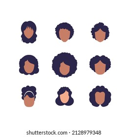 Large Set of Faces Women with different hairstyles and different nationalities. Isolated. Flat style.