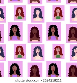 A large set of faces of young girls of different nationalities. Seamless bright drawn creative pattern. Set of square girls avatars. International group of preschoolers, multinational woman
