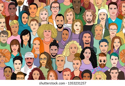 A large set of faces of young people of different nationalities. Seamless drawn creative pattern.